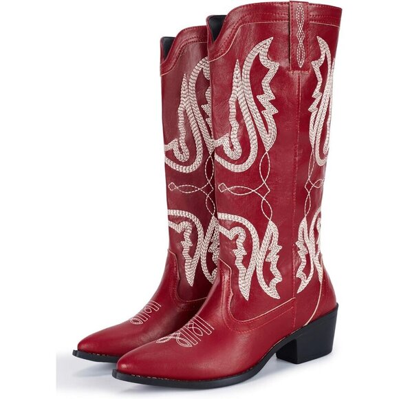 Shoes - Women's Red Mid Calf Western Cowgirl Chunky Heel Embroidered Pointed Toe Boots